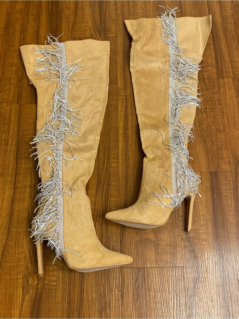 New Cape Robbin Tan Suede Over-the-Knee Boots with Crystal Fringe